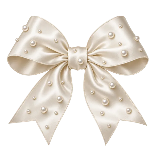 Ivory satin-style bow decorated with small pearl-like beads