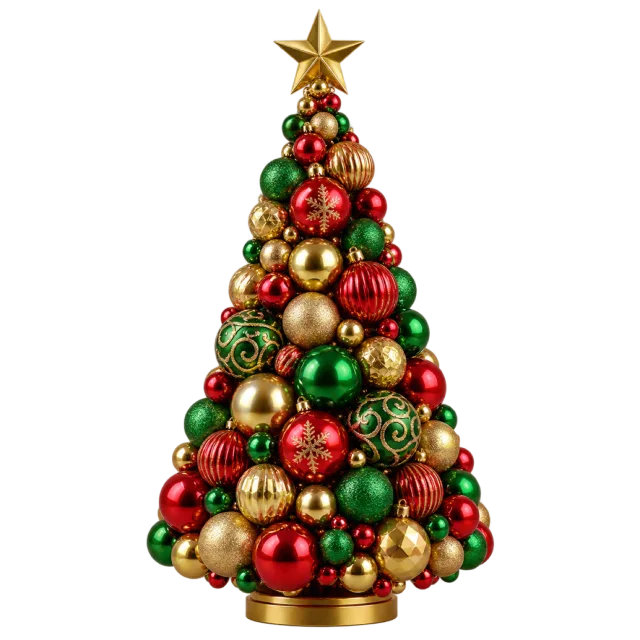 Cone-shaped arrangement of red, green and gold baubles topped with a gold star