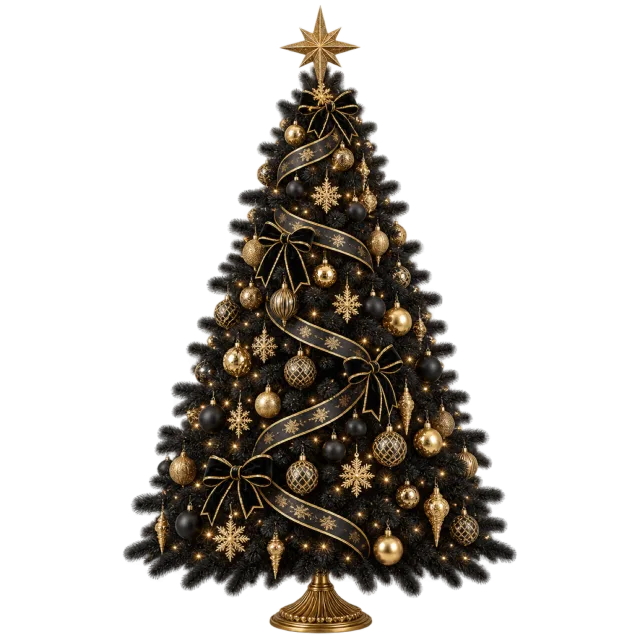 Black tree covered in gold baubles, stars and winding garlands