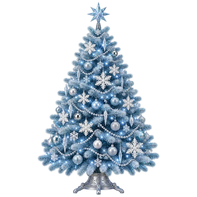Blue tree decorated with silver-blue ornaments and white snowflakes beneath a blue star