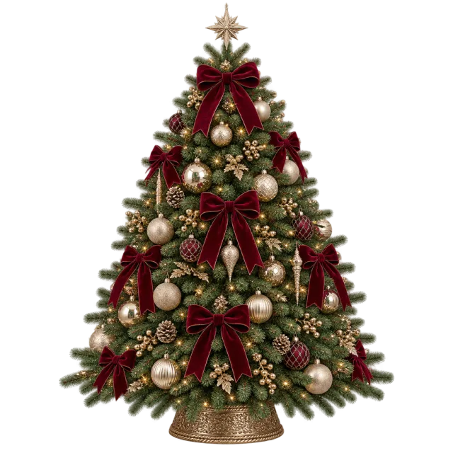 Green tree decorated with burgundy bows, pale gold baubles and a star topper