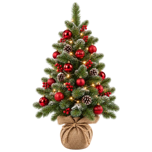 Small green tree with red baubles and pinecones in a tied burlap base