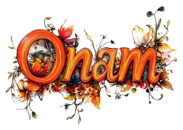 Orange Onam lettering surrounded by fine botanical flourishes on a transparent background