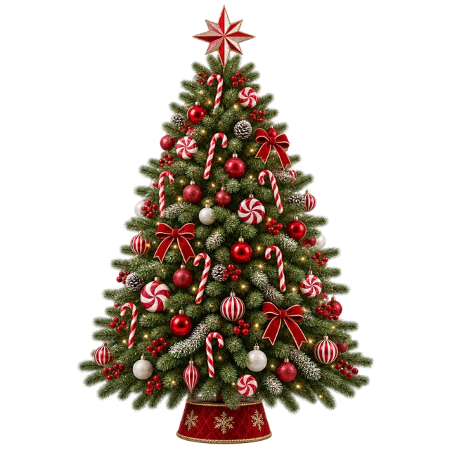 Green tree covered in red and white candy canes, peppermint ornaments and red bows