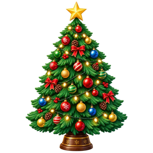Bright cartoon evergreen decorated with colorful baubles, red bows and a yellow star