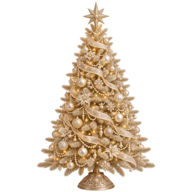 Pale champagne-colored tree with matching ornaments, looping ribbons and a star topper