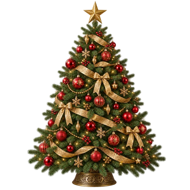 Green tree with red baubles, gold ribbon bows and a gold star