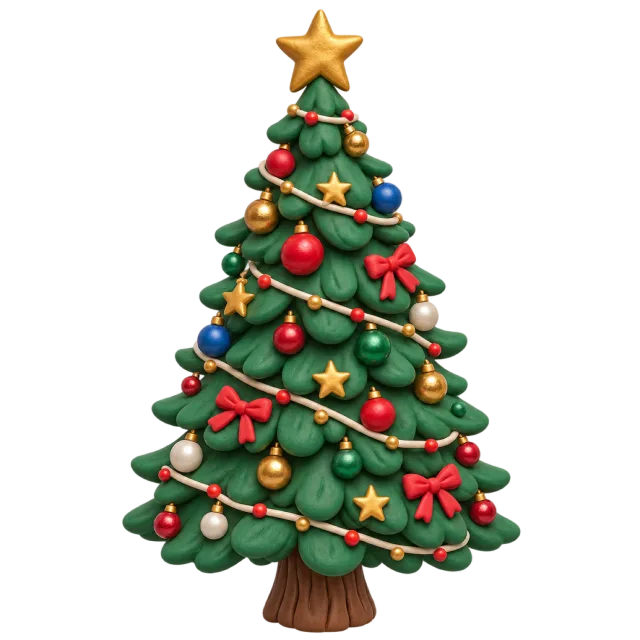 Rounded green clay-style tree with red bows, colorful ornaments and a gold star