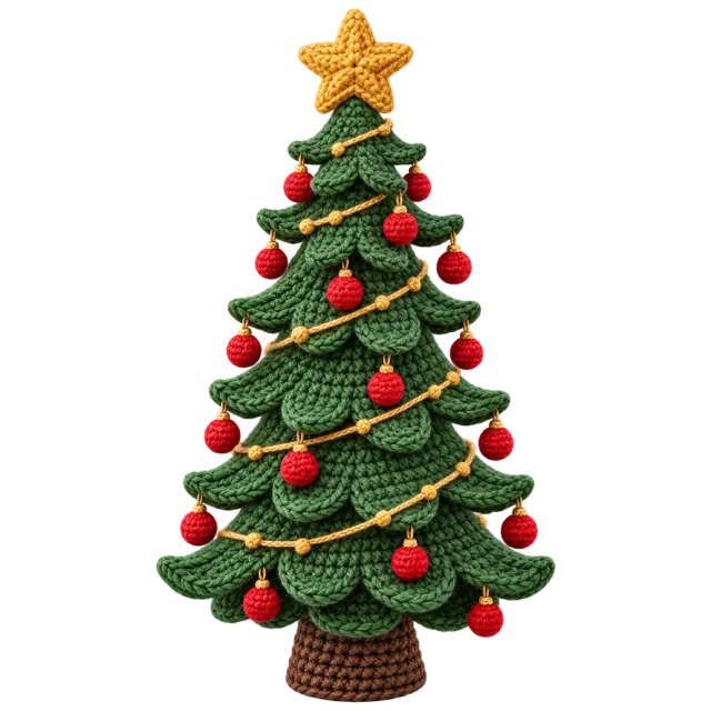 Green crochet-style tree with red yarn ornaments, gold garlands and a knitted star