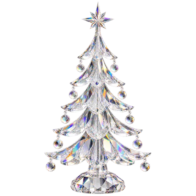 Transparent-looking faceted tree with curved branches, rainbow reflections and a star topper