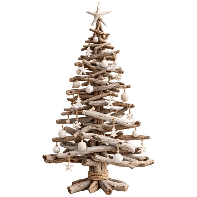 Tree-shaped stack of pale wooden branches decorated with white ornaments and a star