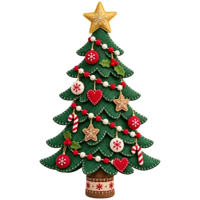 Layered green felt-style tree with hearts, gingerbread shapes, candy canes and a gold star