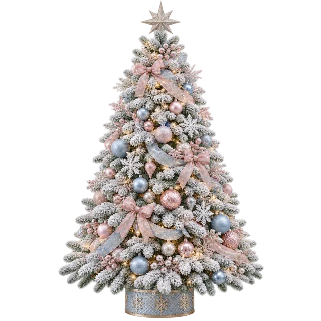 Snow-dusted tree with pale pink and blue ornaments, ribbons and a silver star