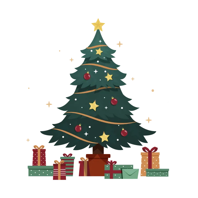 Green Christmas tree with a golden star and wrapped presents beneath it on a transparent background