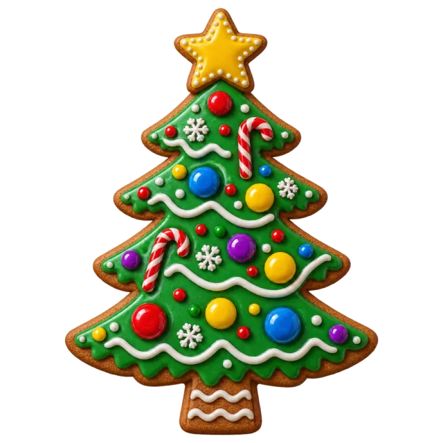 Tree-shaped gingerbread cookie with green icing, colorful sweets and a yellow star