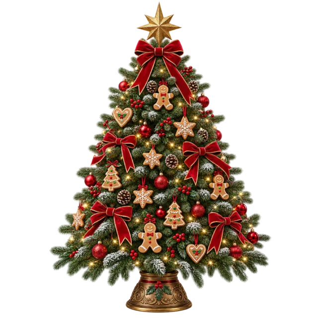 Green tree decorated with gingerbread figures, red bows, hearts and baubles