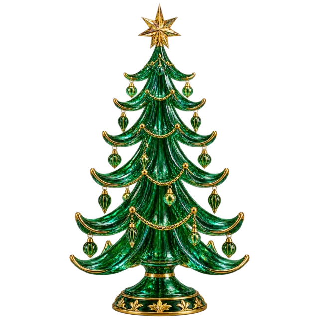Glossy emerald glass-style tree with curled branches, gold trim and hanging gold ornaments