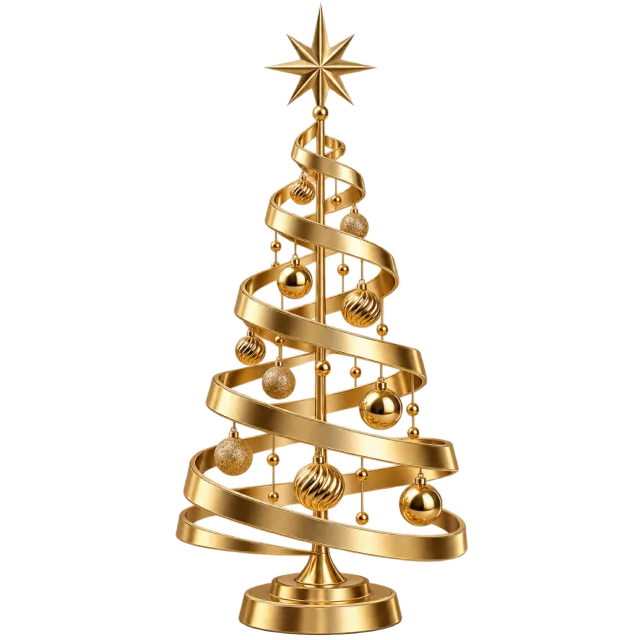 Open spiral gold tree with hanging ornaments, a round base and a star topper