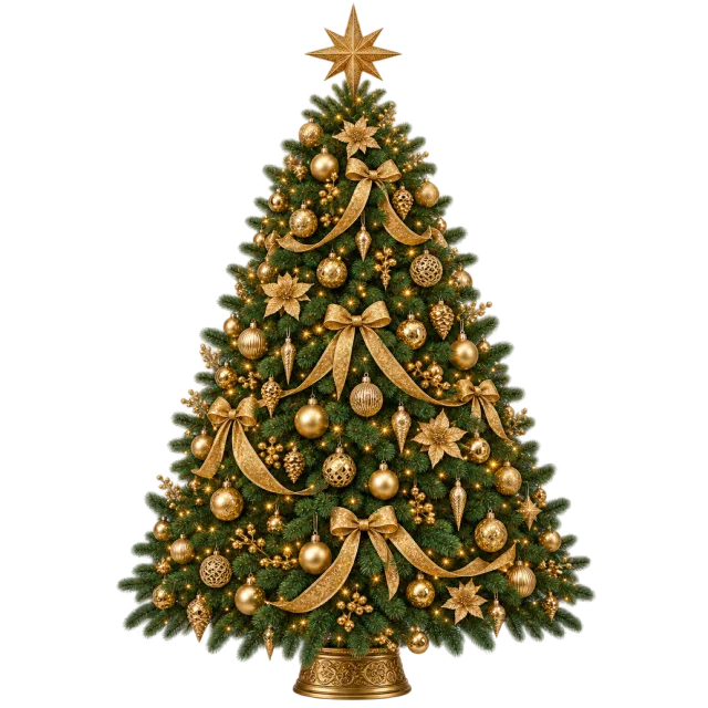 Green tree decorated with gold ribbons, baubles and stars