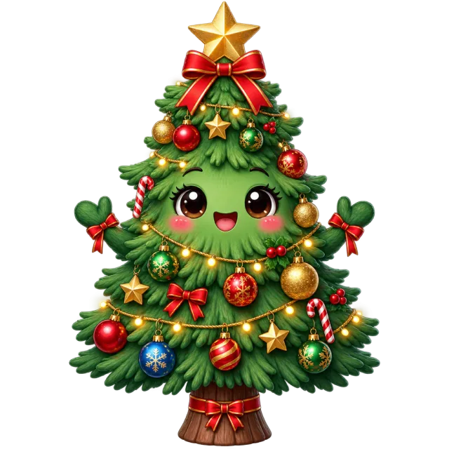Cheerful green tree character with big eyes, rosy cheeks, tiny arms and colorful decorations