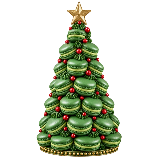 Tiered cone of green macarons with red baubles and a gold star