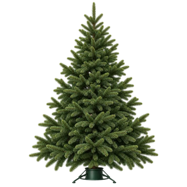 Dense green spruce tree without ornaments standing in a dark green support