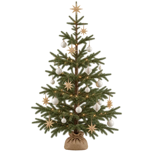 Sparse green tree with pale hanging decorations and a burlap-wrapped base