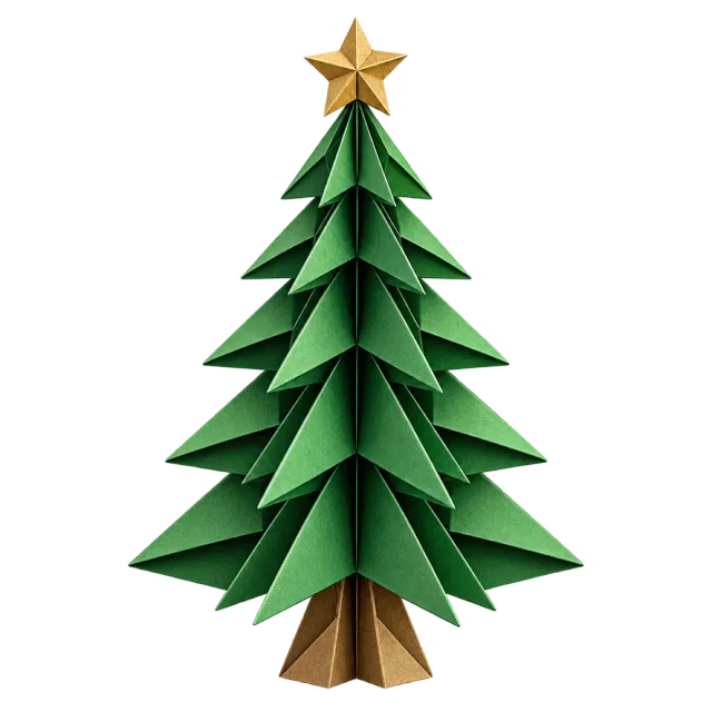 Angular folded green paper tree with a brown trunk and gold star topper