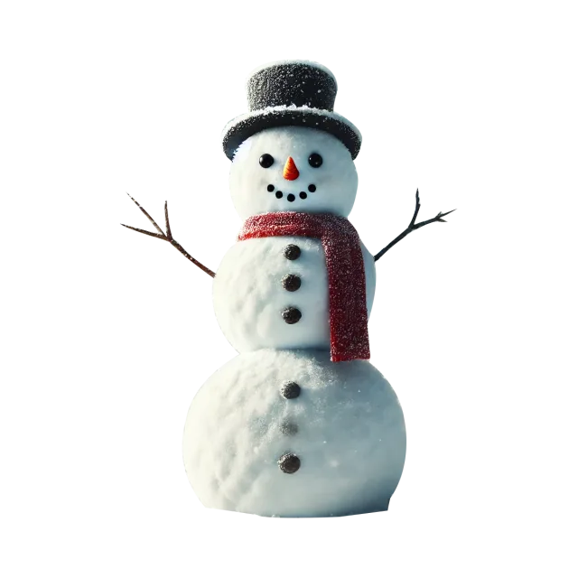 White snowman with a black top hat, red scarf and twig arms on a transparent background