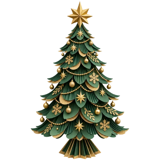 Layered dark green paper-style tree with scalloped branches and gold decorations