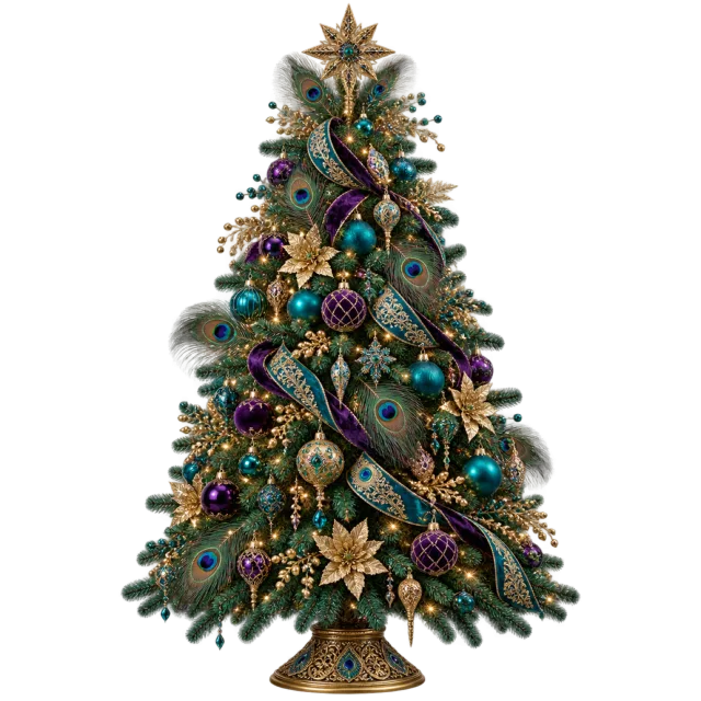 Green tree decorated with peacock feathers, teal and purple baubles and gold accents