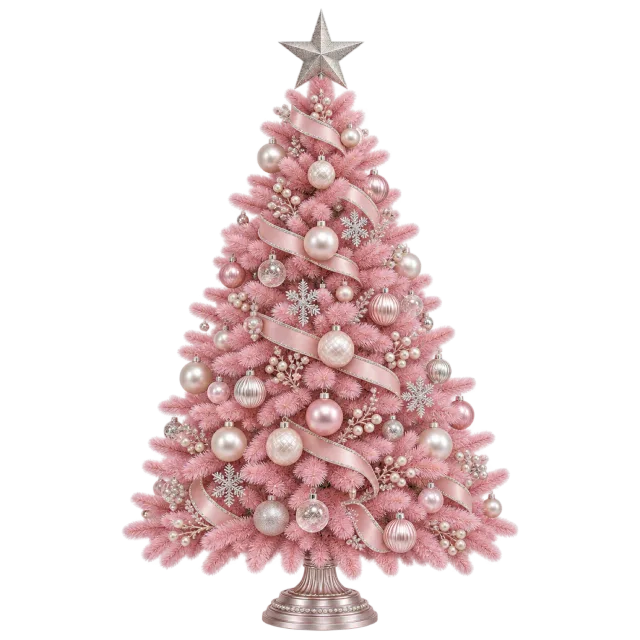 Soft pink tree with pale round ornaments, silver decorations and a silver star