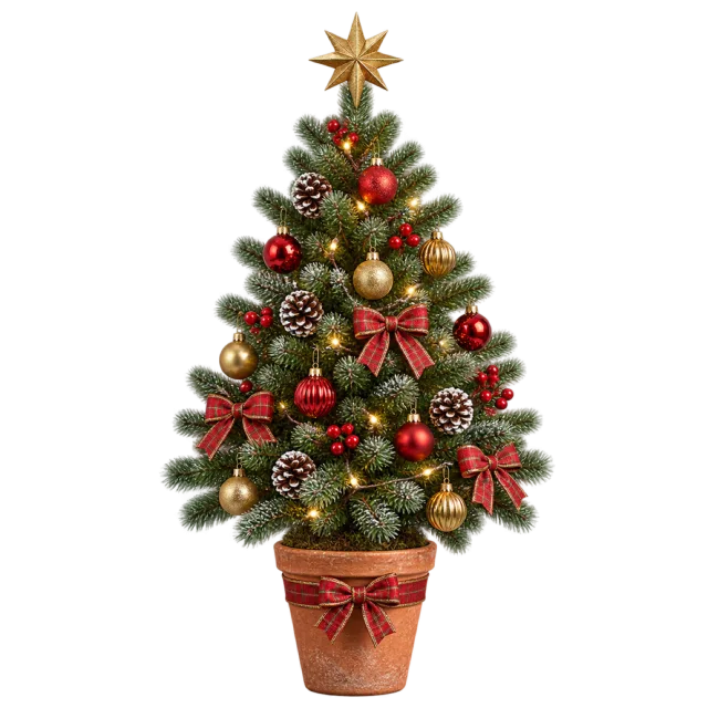 Small green tree with red and gold baubles in a terracotta pot tied with a red bow