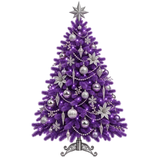 Vivid purple tree with silver baubles, snowflakes and a star topper