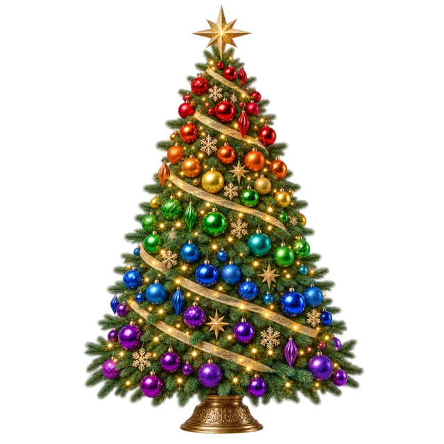 Green tree with ornaments arranged in rainbow-colored bands and gold garlands