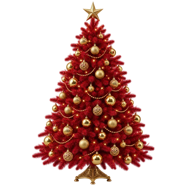 Deep red tree decorated with gold baubles, bead garlands and a gold star