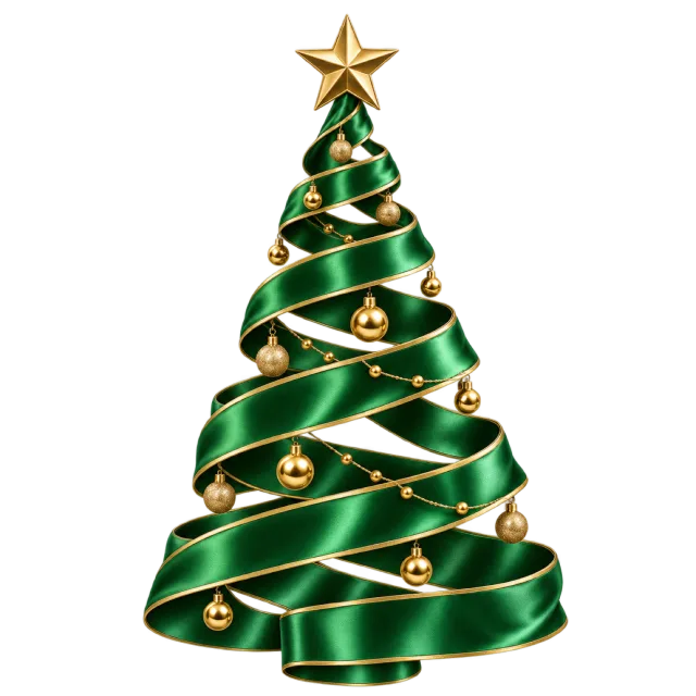 Glossy green ribbon winding into a tree shape with gold edging and hanging ornaments