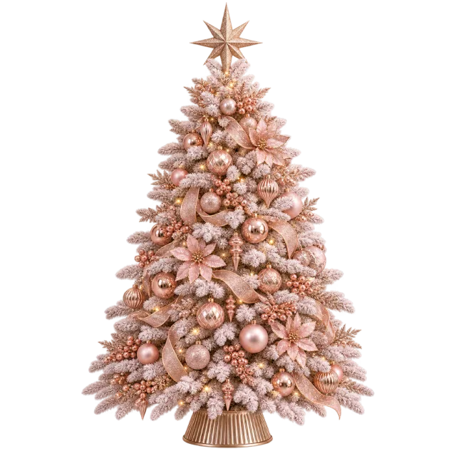 Blush rose gold tree covered in matching ornaments, bows and a pointed star
