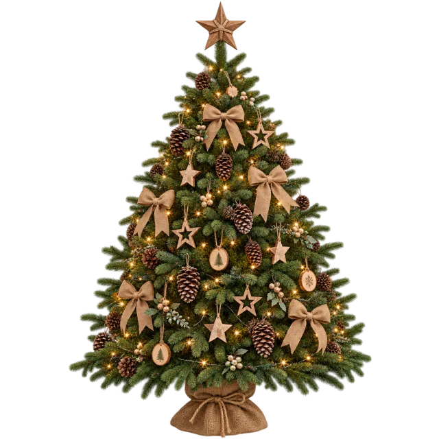 Green tree decorated with burlap bows, pinecones, wooden shapes and warm lights
