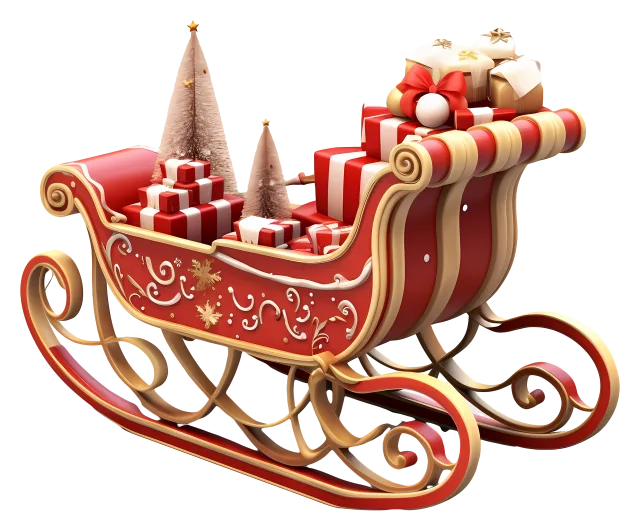 Ornate red sleigh with golden runners carrying striped and red gift boxes on a transparent background