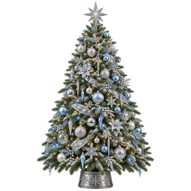Green tree decorated with pale blue and silver baubles, ribbons and snowflakes