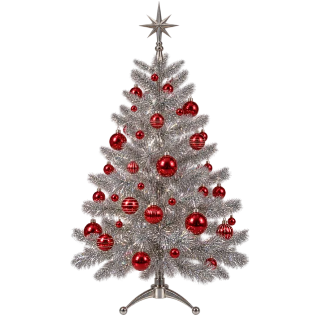 Shiny silver tinsel tree decorated with red baubles and a silver star