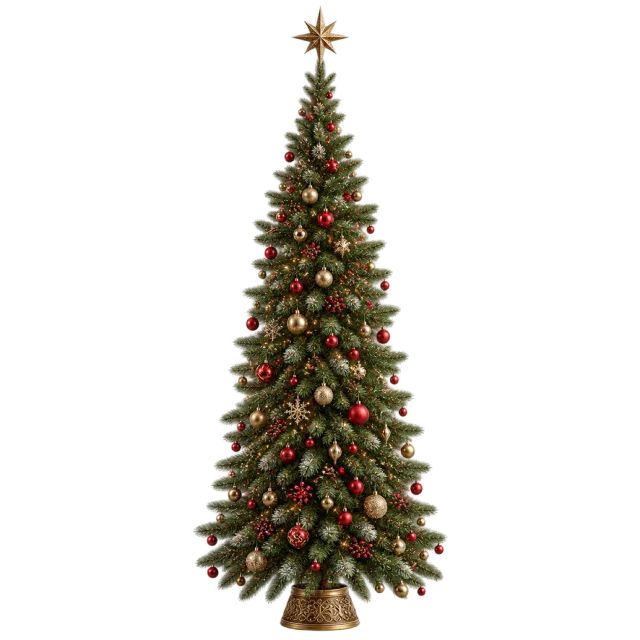 Tall narrow green tree decorated with small red and gold ornaments