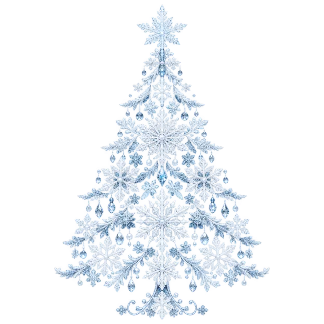 Tree-shaped arrangement of pale blue snowflakes and dangling crystal-like ornaments