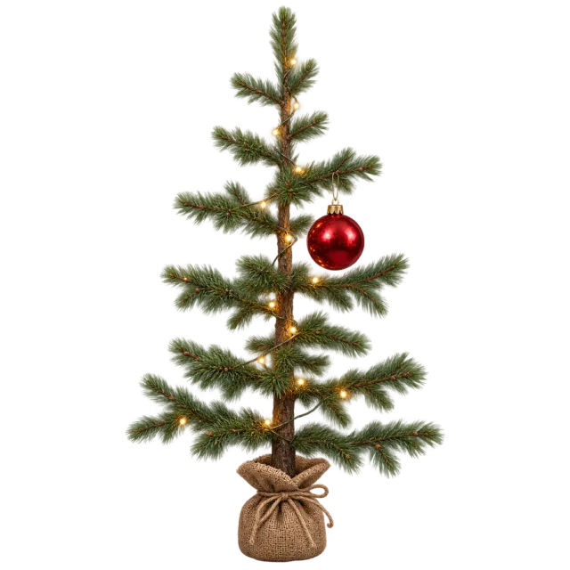 Small sparse evergreen with a single large red bauble and burlap-wrapped base