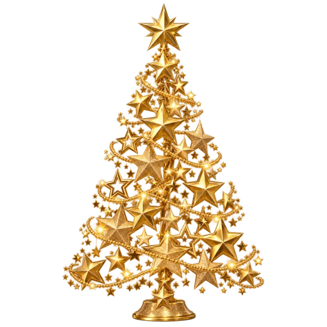Open tree-shaped arrangement of gold stars with a large star topper and round base