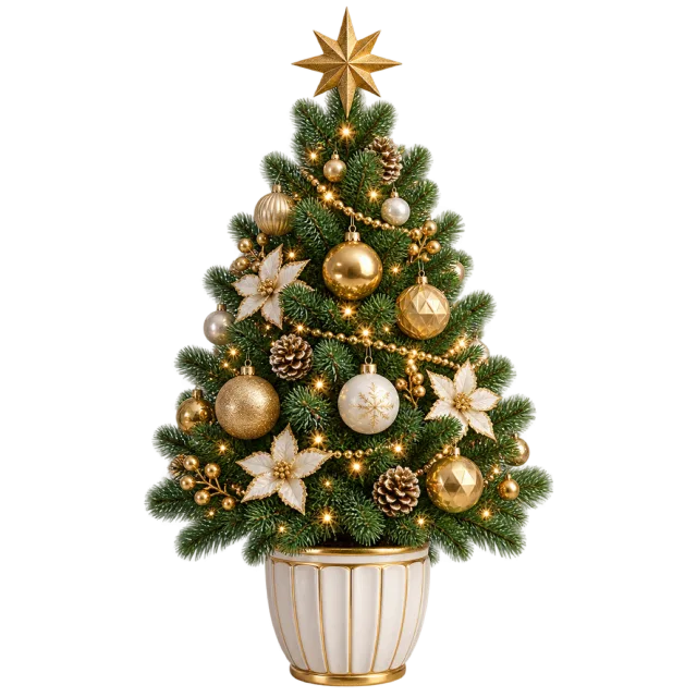 Small green tree with gold baubles, pale flowers and a star in a ribbed cream pot