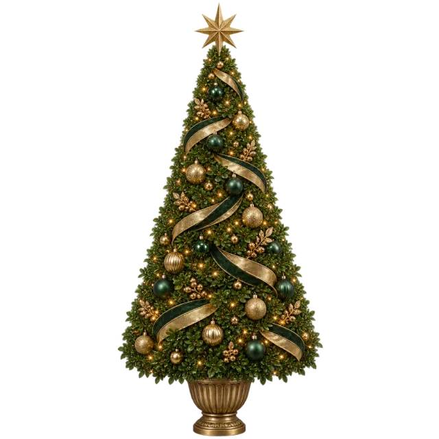 Dense cone-shaped green topiary with gold ribbon, ornaments and an ornate gold planter
