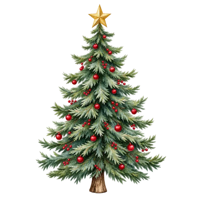 Painted green Christmas tree with soft feathery branches, red ornaments and a gold star