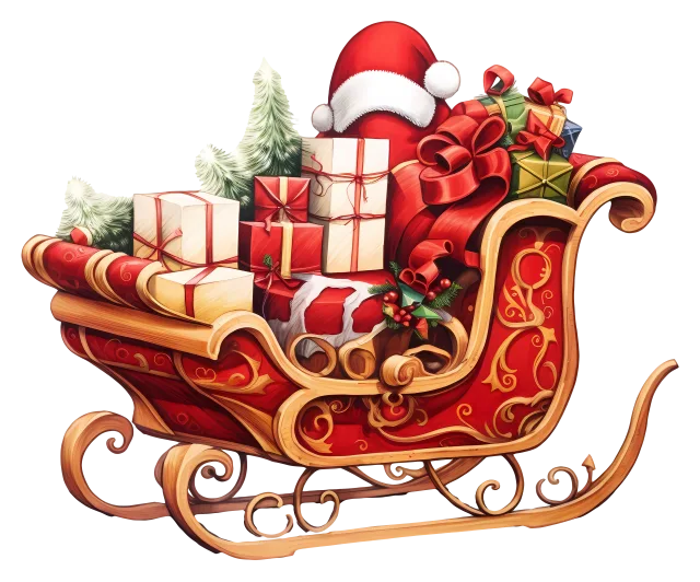 Red and gold sleigh piled with wrapped presents and festive decorations on a transparent background